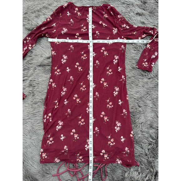 Vibe Sportswear Womans Large Burgundy Dress Floral Long Sheer Sleeve Short Lined - Picture 8 of 8